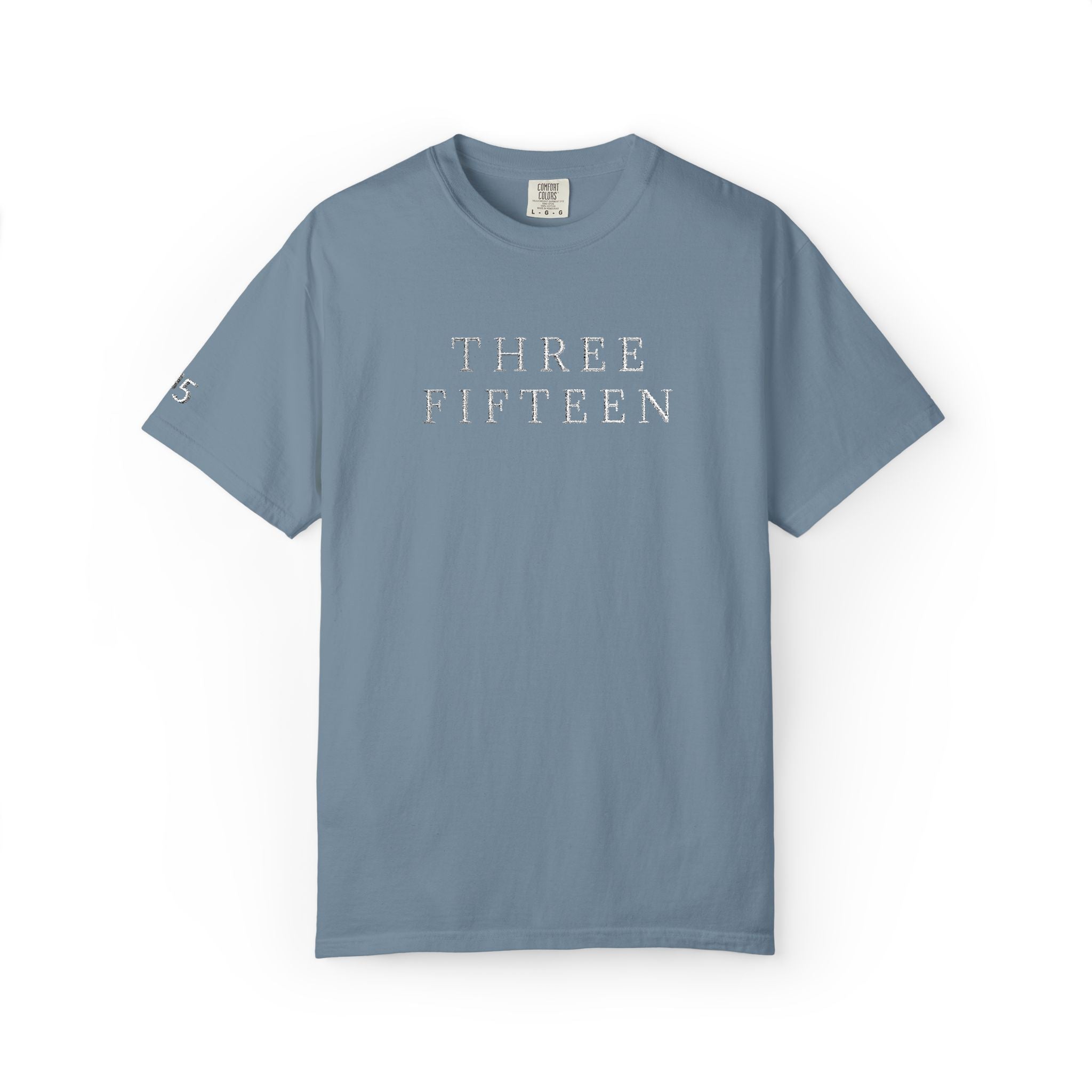 11 - Embroidered THREE FIFTEEN Multi Color Minimalist '75' Chest Logo T-Shirt – Garment-Dyed White Casual Tee