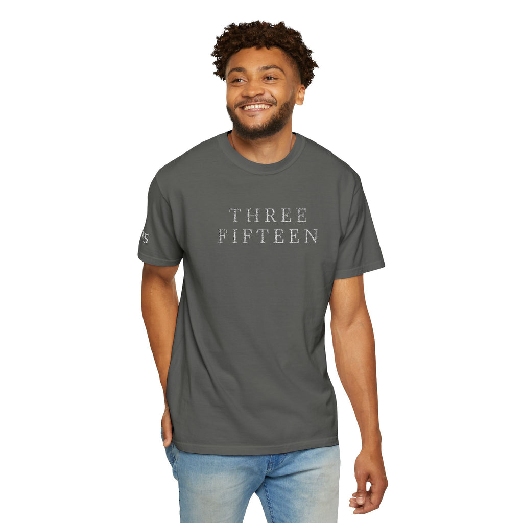 11 - Embroidered THREE FIFTEEN Multi Color Minimalist '75' Chest Logo T-Shirt – Garment-Dyed White Casual Tee