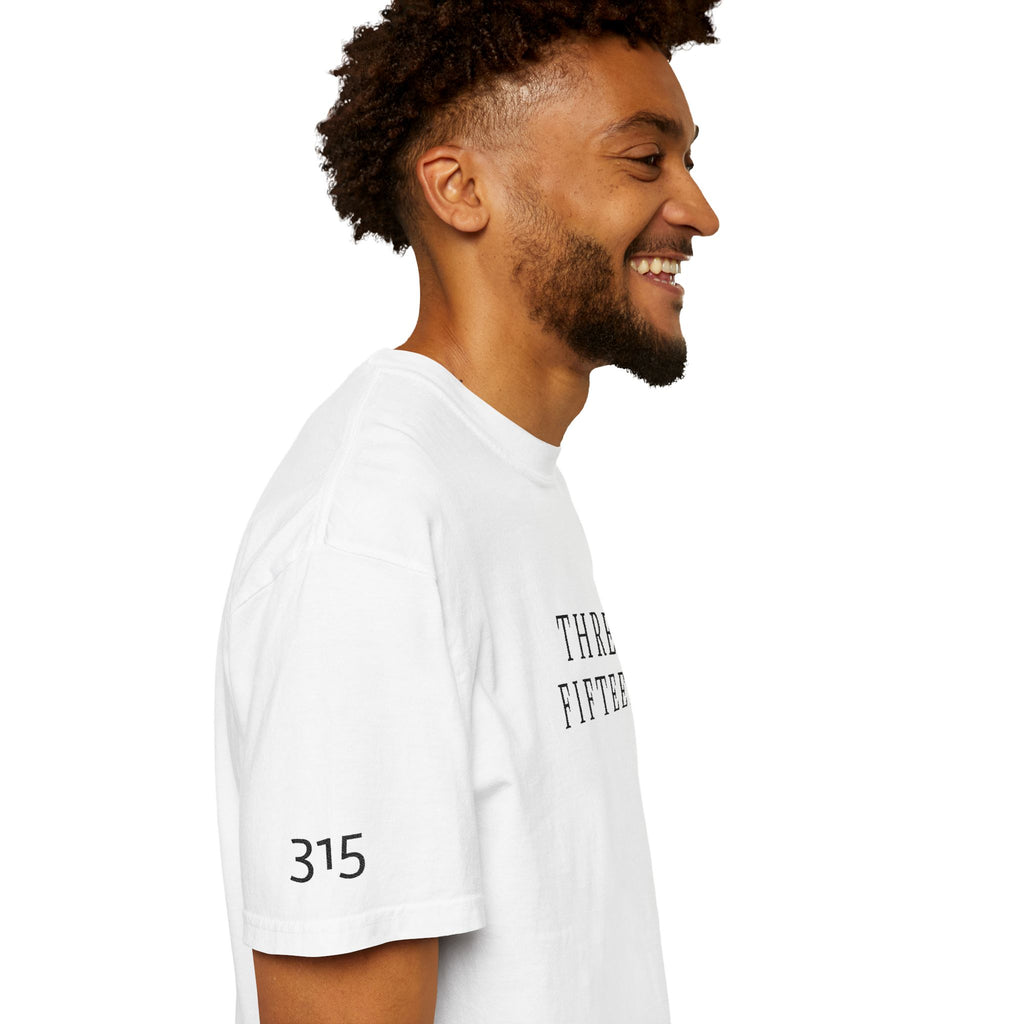 11 - Embroidered THREE FIFTEEN Multi Color Black Lettering Minimalist '75' Chest Logo T-Shirt – Garment-Dyed White Casual Tee