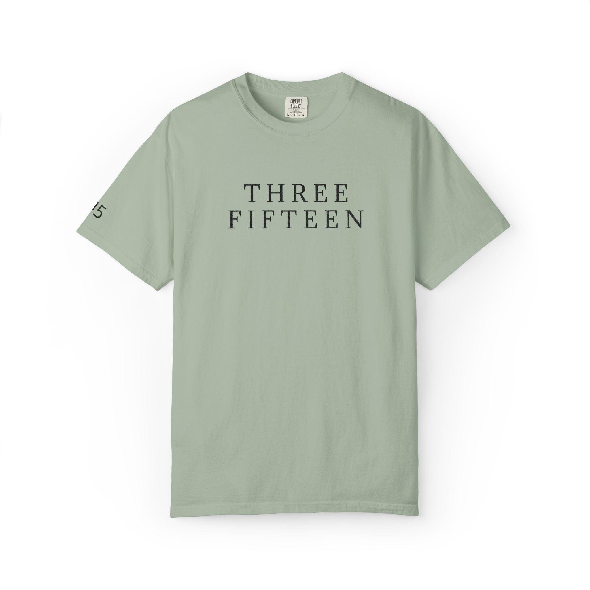 11 - Embroidered THREE FIFTEEN Multi Color Black Lettering Minimalist '75' Chest Logo T-Shirt – Garment-Dyed White Casual Tee