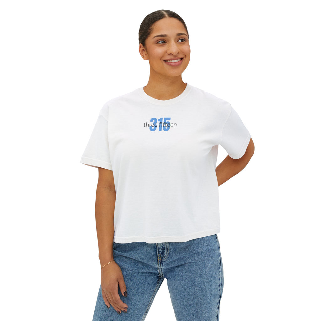 1 - Women's Boxy Tee Bold 315 — Minimalist City Number Graphic Shirt