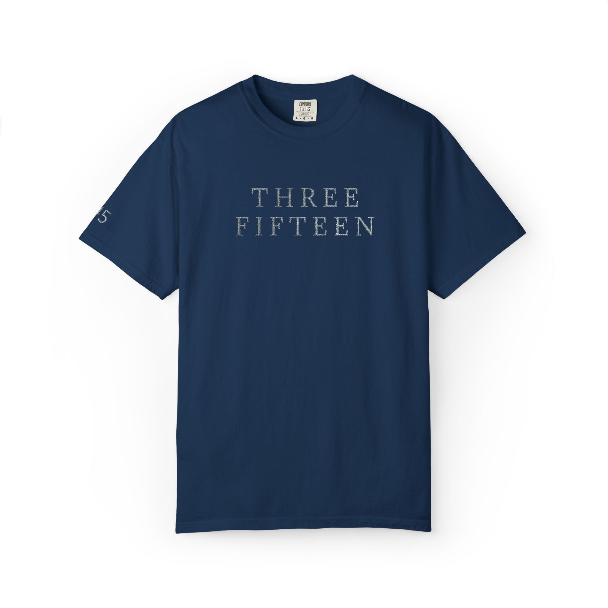 11 - Embroidered THREE FIFTEEN Multi Color Minimalist '75' Chest Logo T-Shirt – Garment-Dyed White Casual Tee