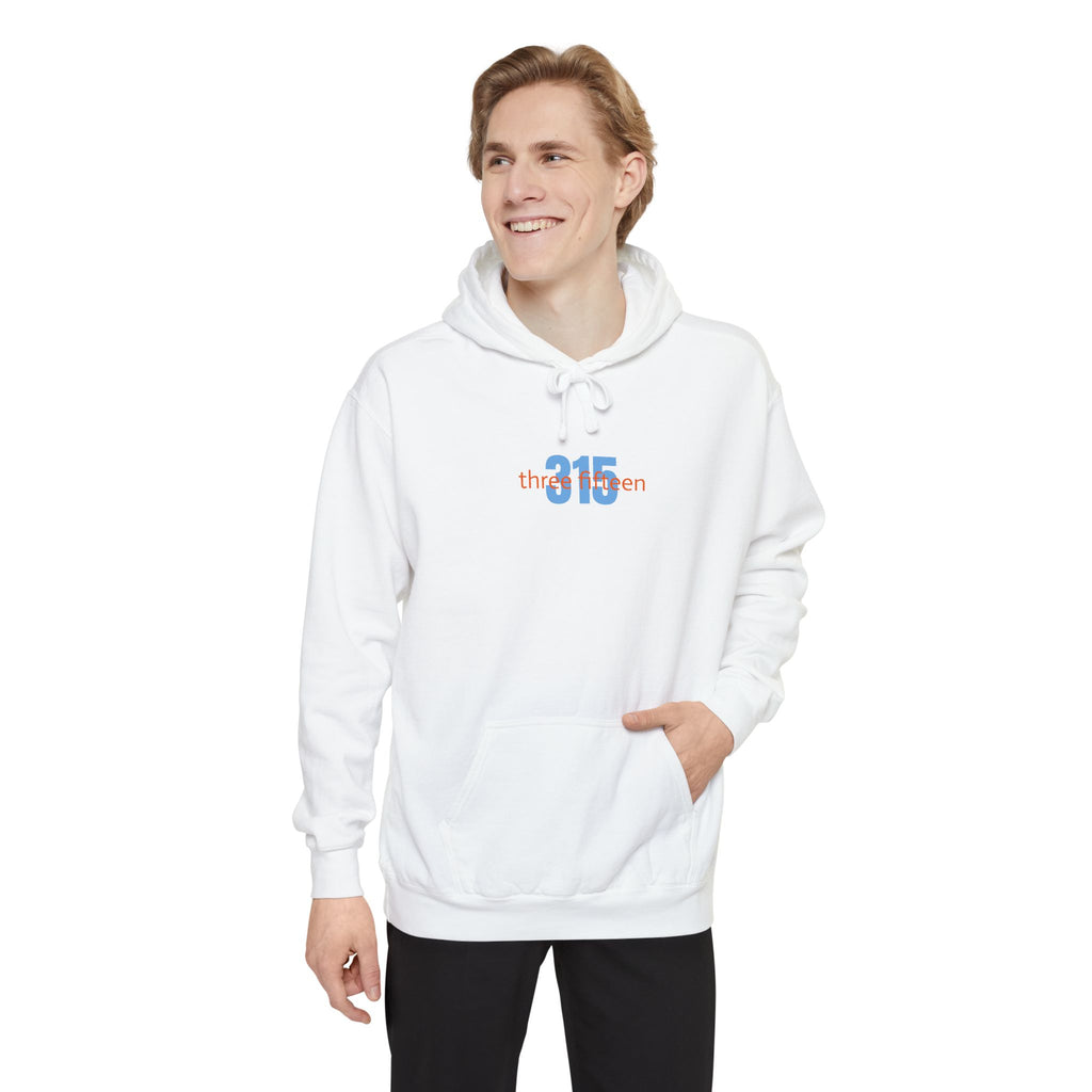 16 - Embroidered White Bold 315 Comfort Colors Hoodie — 'three fifteen' 315 Minimal Number Graphic