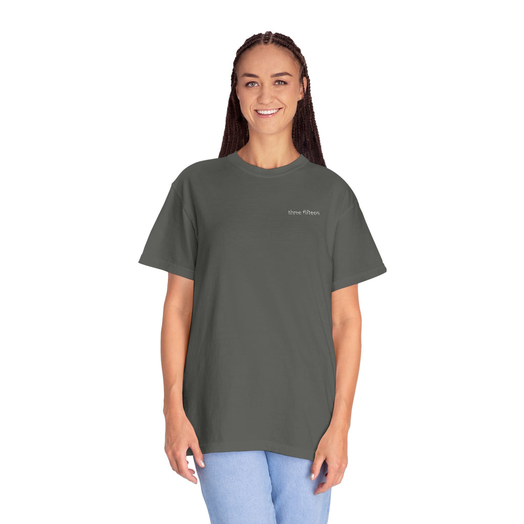 11 - Embroidered Three Fifteen Multi Color Minimalist '75' Chest Logo T-Shirt – Garment-Dyed White Casual Tee