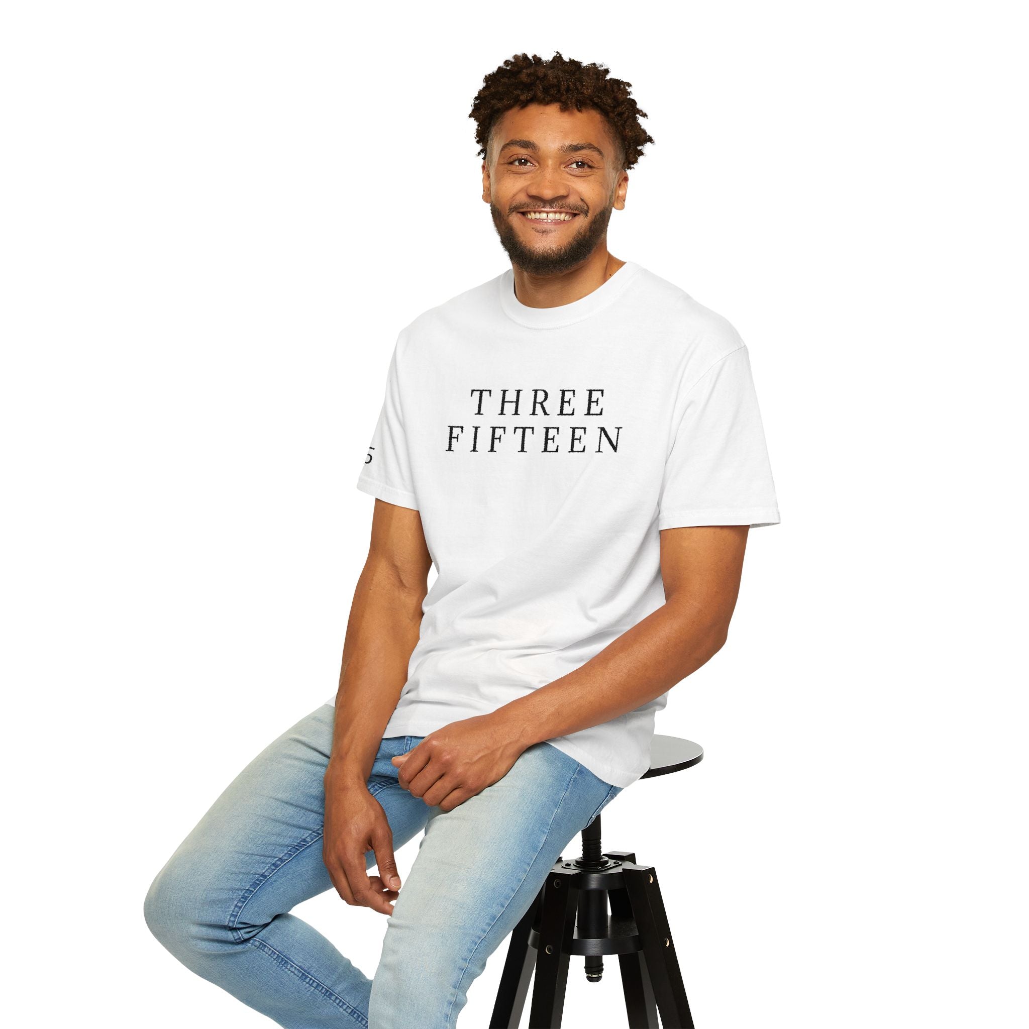 11 - Embroidered THREE FIFTEEN Multi Color Black Lettering Minimalist '75' Chest Logo T-Shirt – Garment-Dyed White Casual Tee