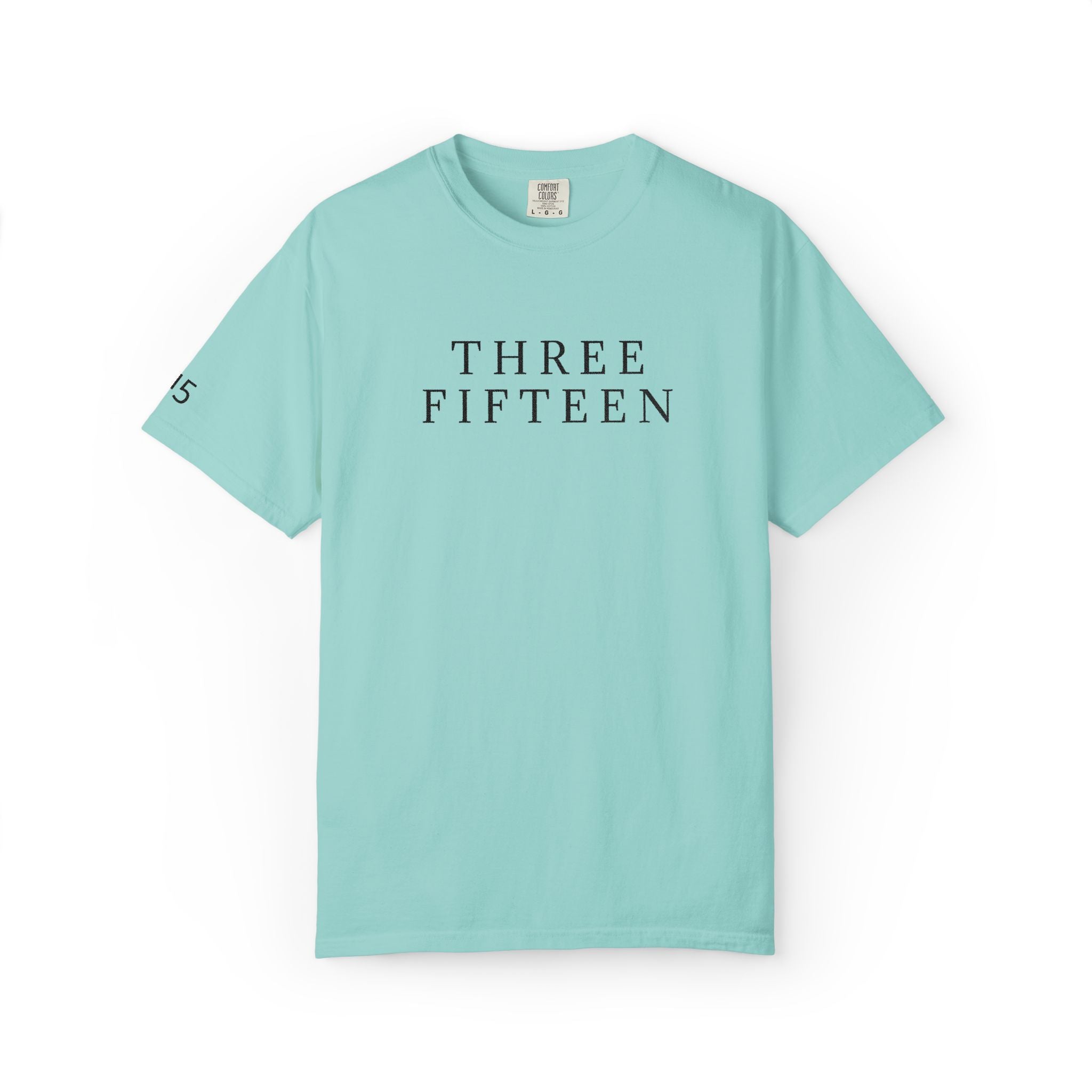11 - Embroidered THREE FIFTEEN Multi Color Black Lettering Minimalist '75' Chest Logo T-Shirt – Garment-Dyed White Casual Tee