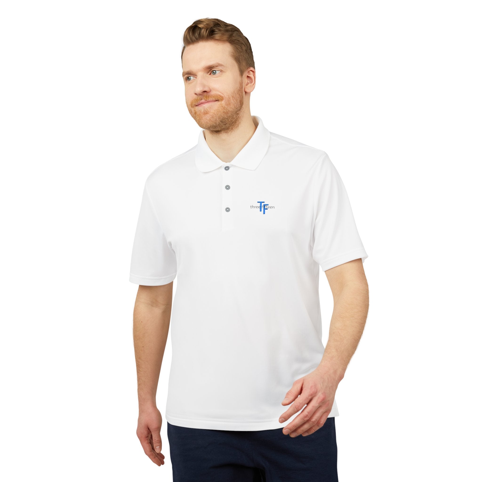 114 - Embroidered White Adidas Performance Polo Shirt with Small Blue 'TF' Chest Logo – Golf & Corporate Teamwear