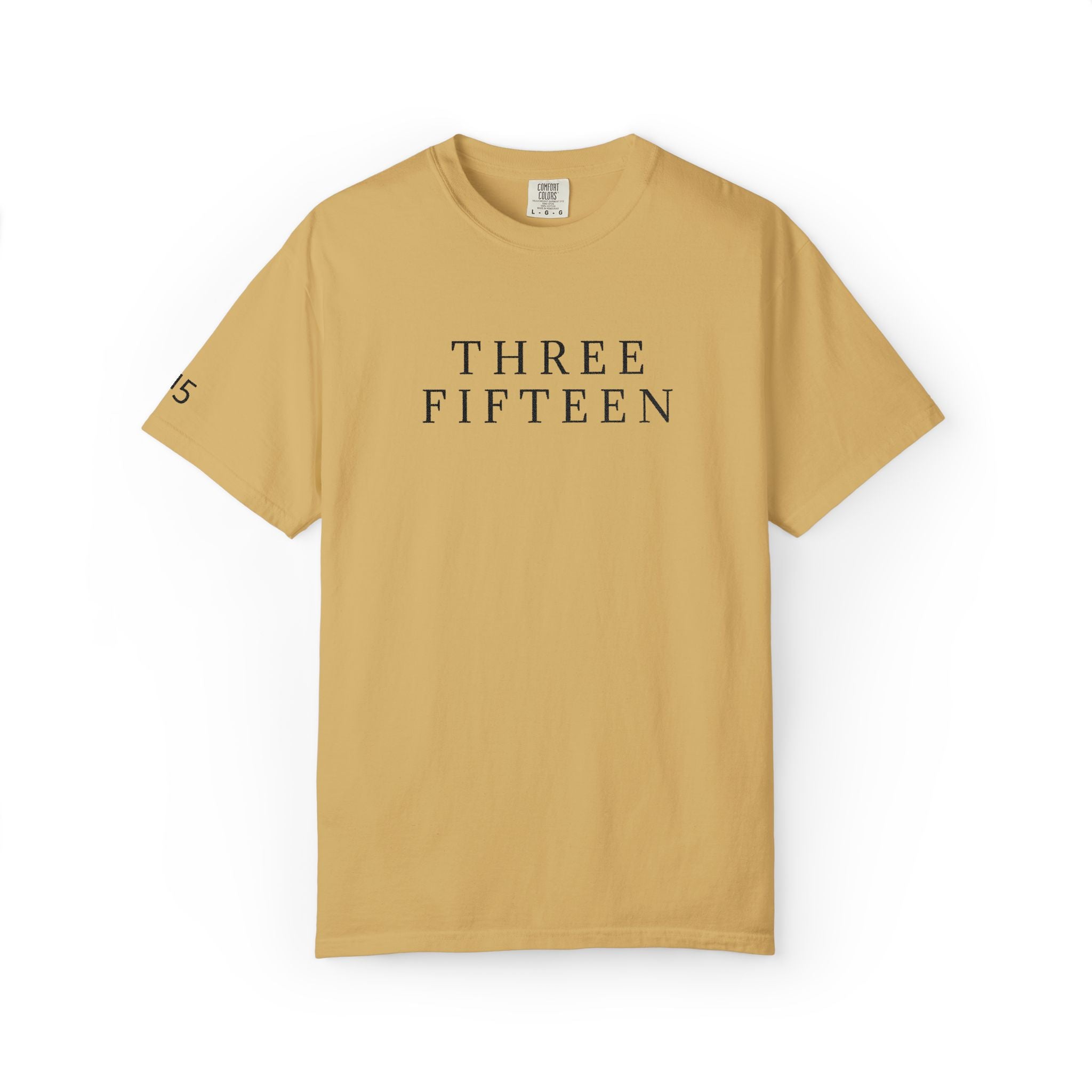 11 - Embroidered THREE FIFTEEN Multi Color Black Lettering Minimalist '75' Chest Logo T-Shirt – Garment-Dyed White Casual Tee