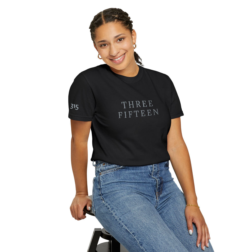 11 - Embroidered THREE FIFTEEN Multi Color Minimalist '75' Chest Logo T-Shirt – Garment-Dyed White Casual Tee