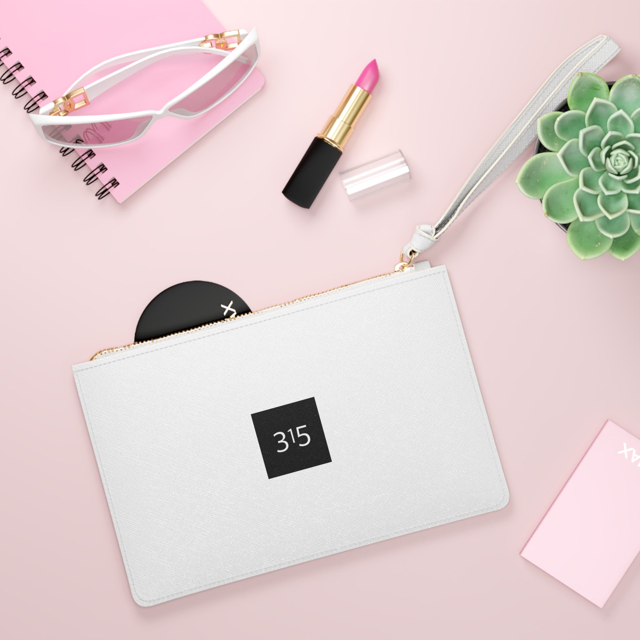 Clutch Bag — Minimalist '315' Square Logo Wristlet, White Everyday Evening Bag