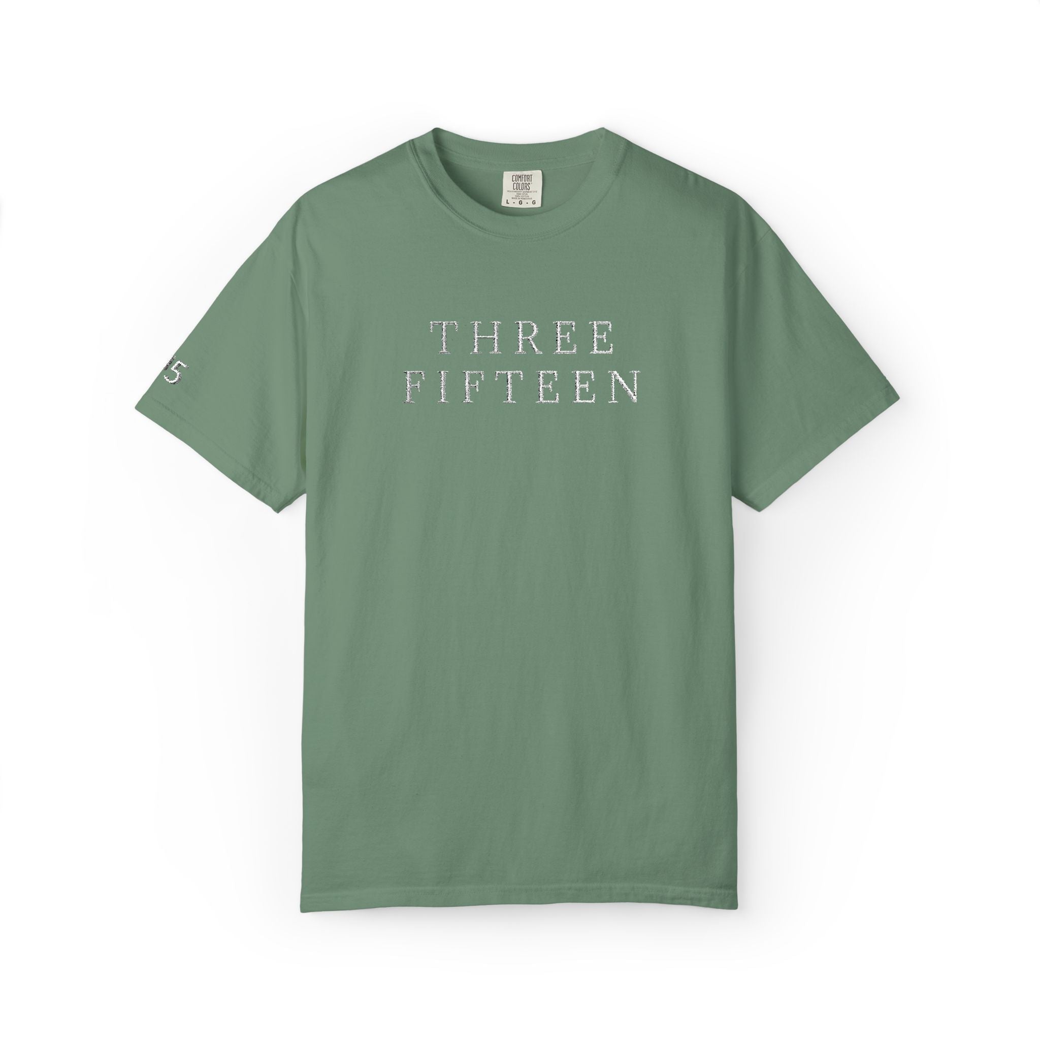 11 - Embroidered THREE FIFTEEN Multi Color Minimalist '75' Chest Logo T-Shirt – Garment-Dyed White Casual Tee