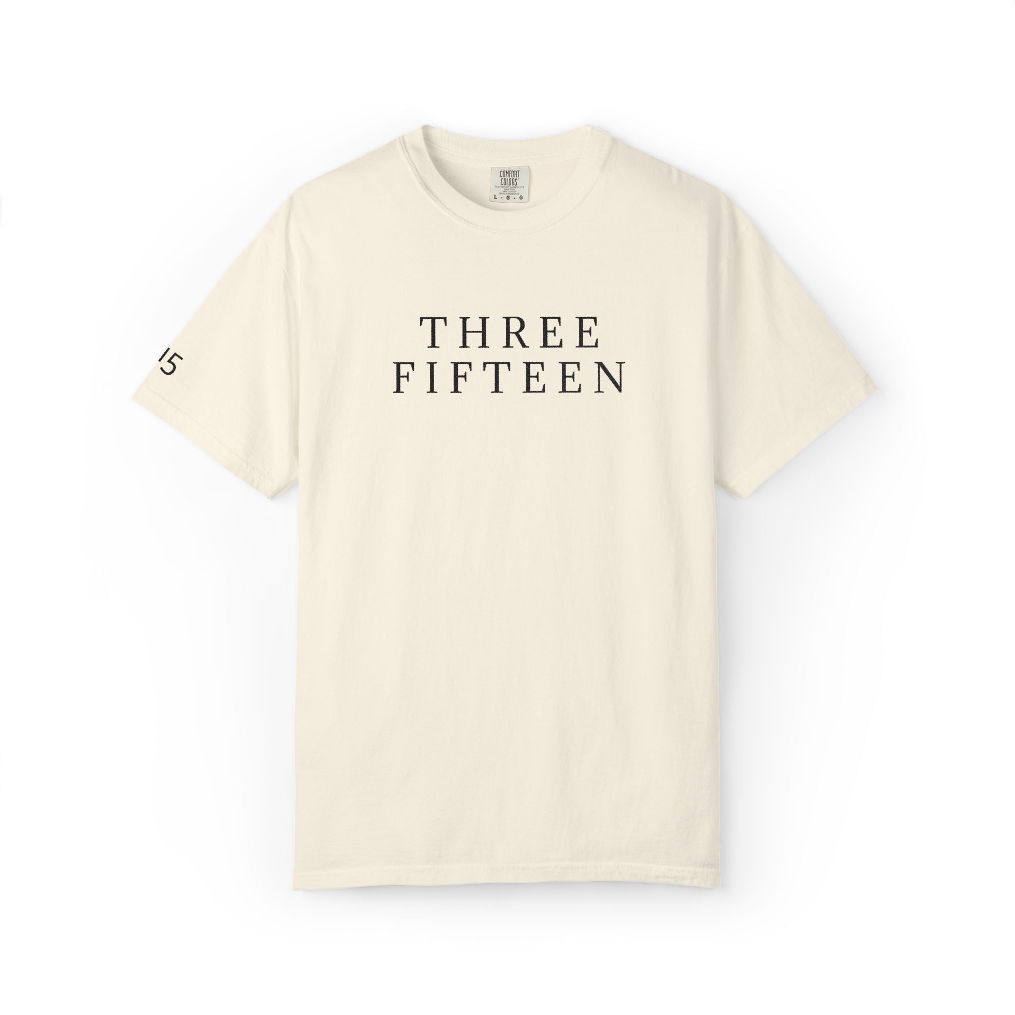 11 - Embroidered THREE FIFTEEN Multi Color Black Lettering Minimalist '75' Chest Logo T-Shirt – Garment-Dyed White Casual Tee