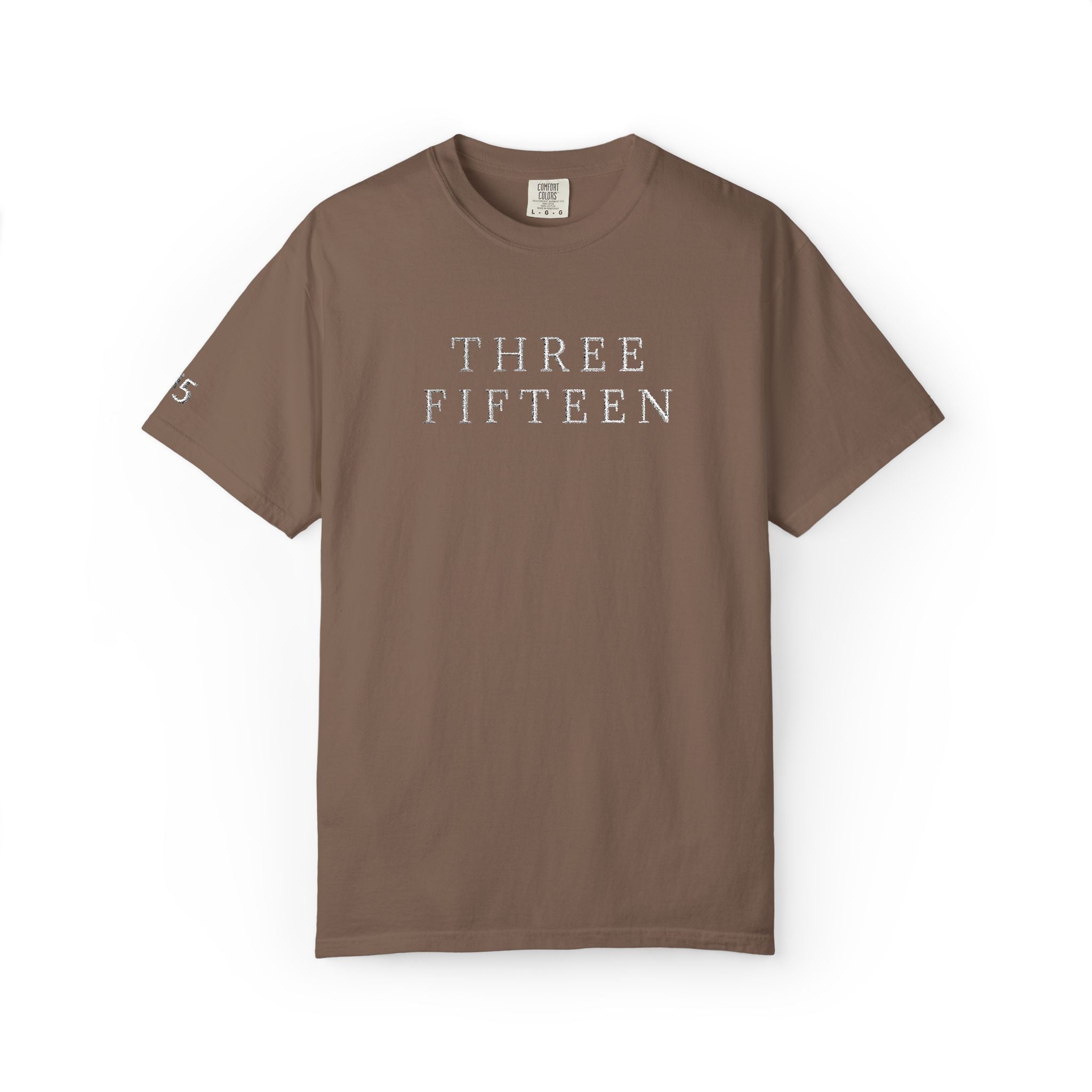 11 - Embroidered THREE FIFTEEN Multi Color Minimalist '75' Chest Logo T-Shirt – Garment-Dyed White Casual Tee