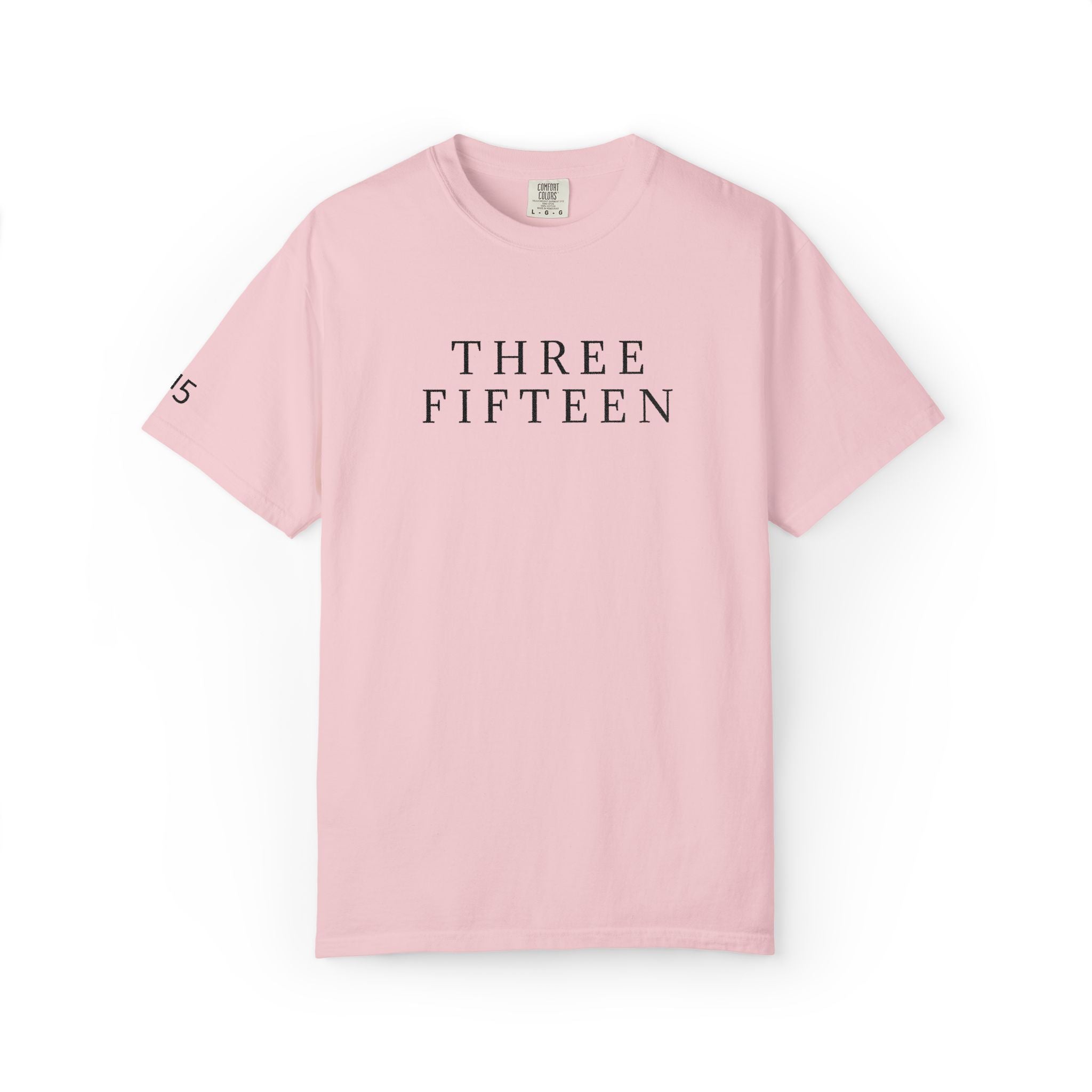 11 - Embroidered THREE FIFTEEN Multi Color Black Lettering Minimalist '75' Chest Logo T-Shirt – Garment-Dyed White Casual Tee