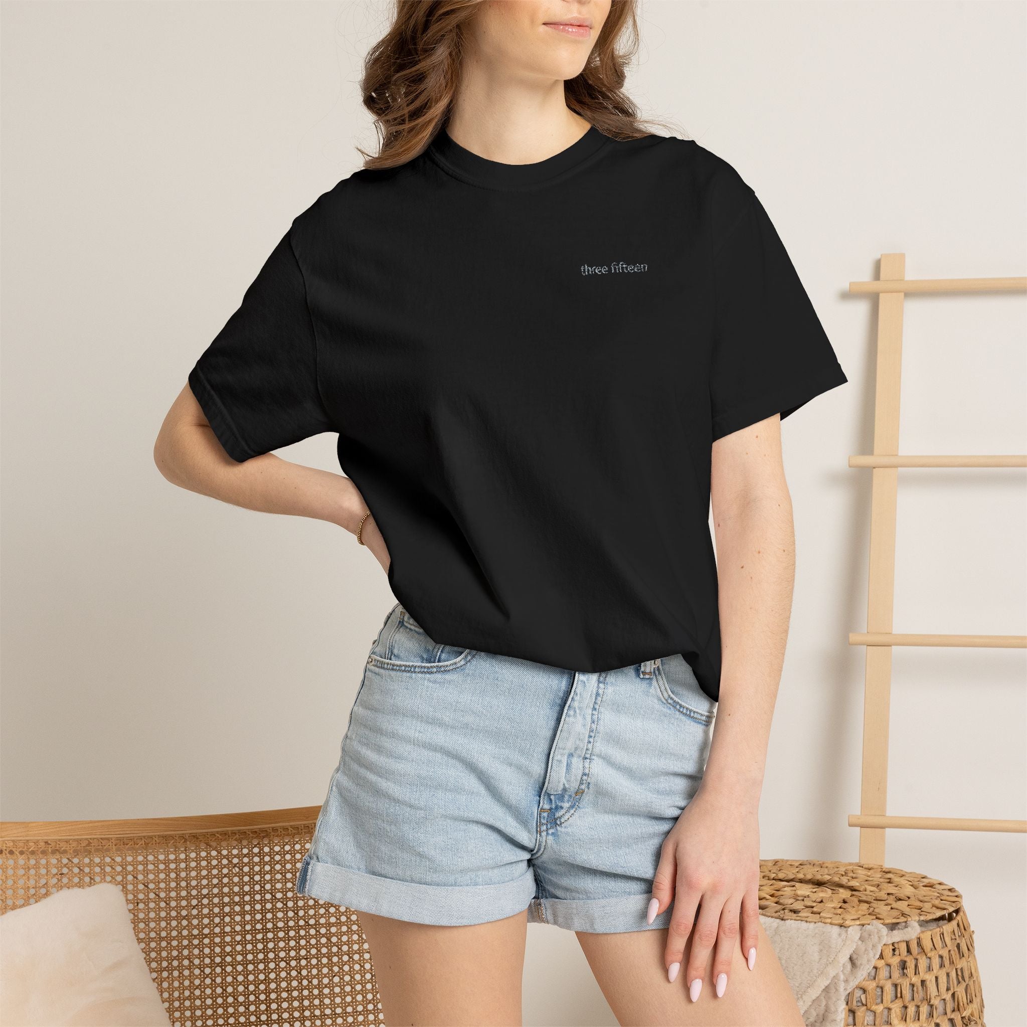 11 - Embroidered Three Fifteen Multi Color Minimalist '75' Chest Logo T-Shirt – Garment-Dyed White Casual Tee