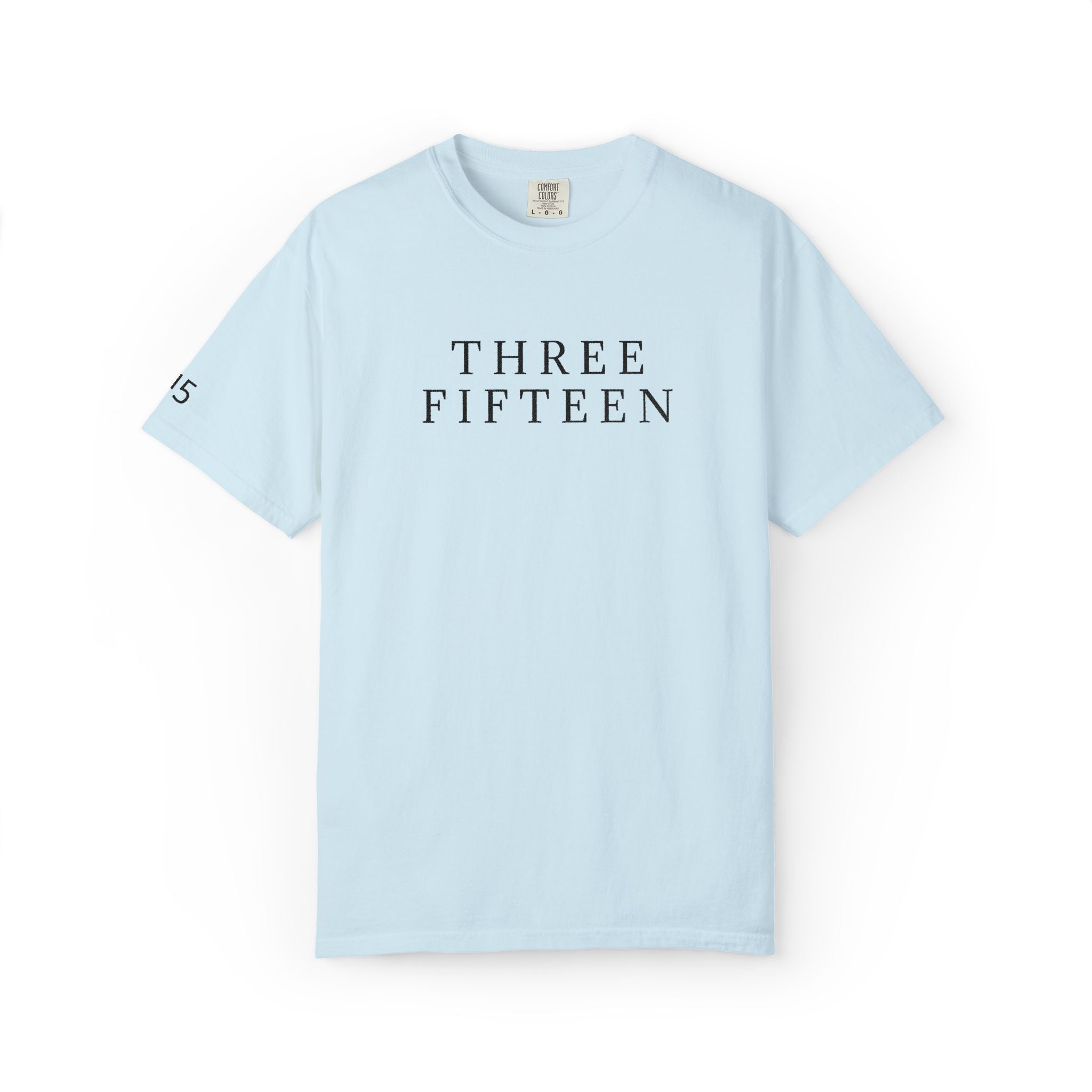 11 - Embroidered THREE FIFTEEN Multi Color Black Lettering Minimalist '75' Chest Logo T-Shirt – Garment-Dyed White Casual Tee