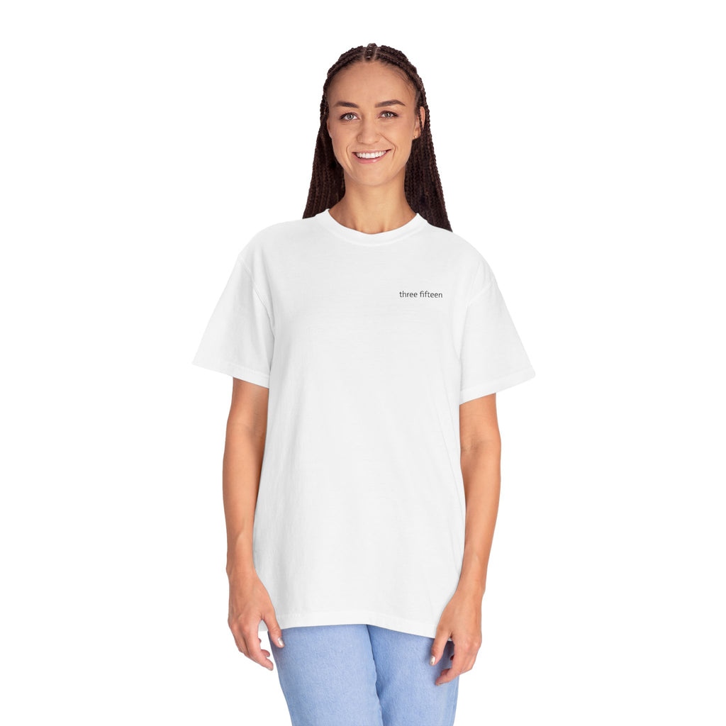 11 - Embroidered Three Fifteen Multi Color Minimalist '75' Chest Logo T-Shirt – Garment-Dyed White Casual Tee
