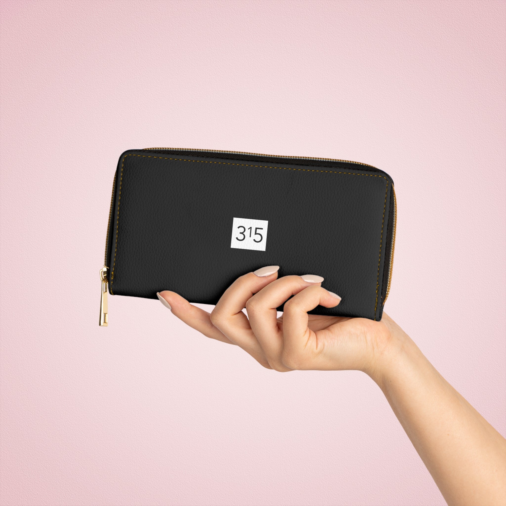 315 - Zipper Wallet — Minimal Black Wallet with '315' Mirrored Script