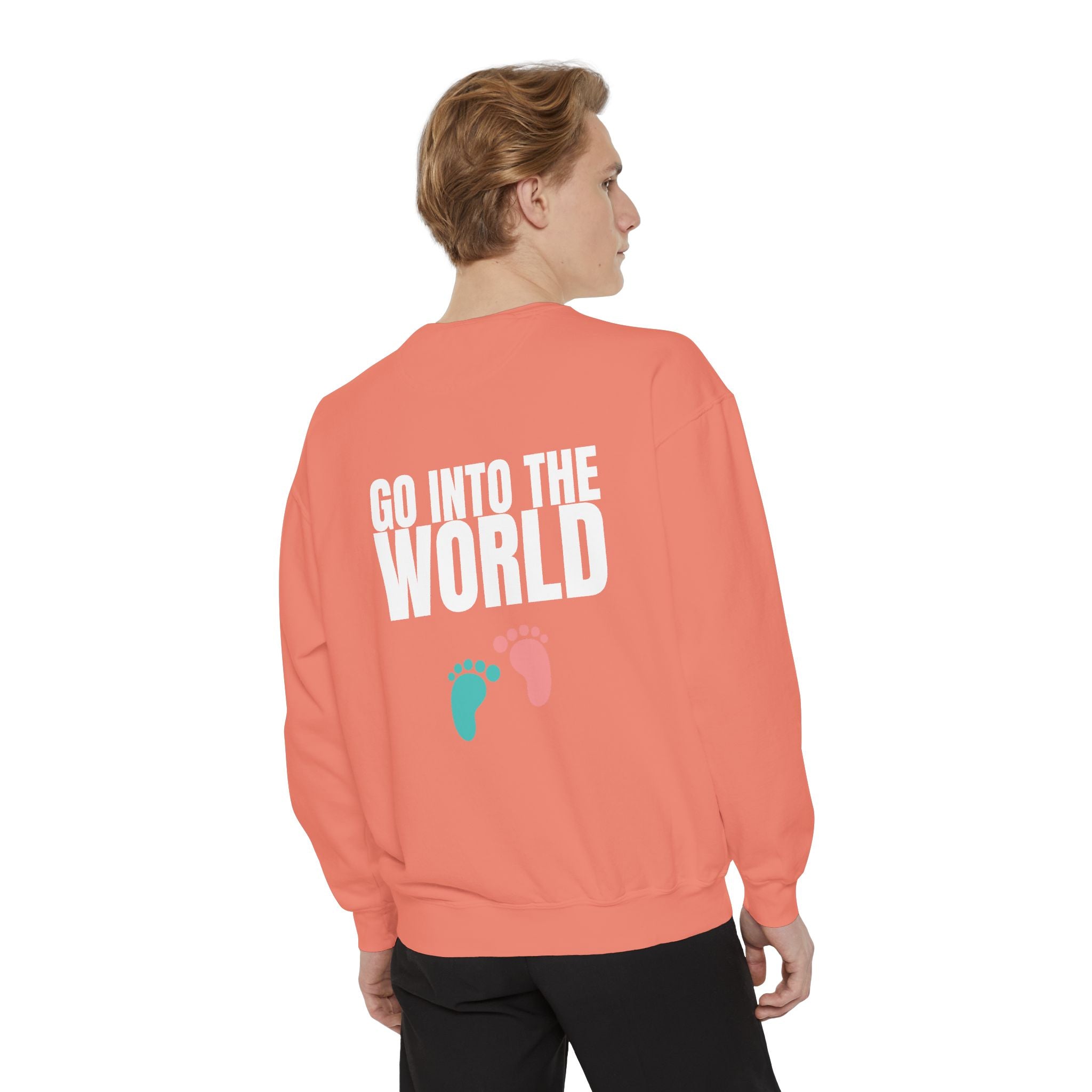 Multi Color Cozy “Go Into the World” Unisex Garment-Dyed Sweatshirt for Everyday Comfort