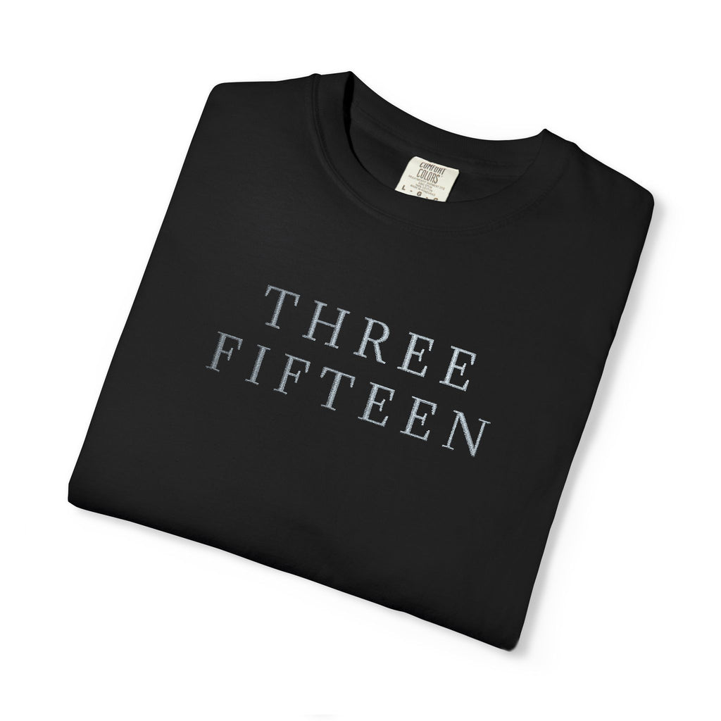 11 - Embroidered THREE FIFTEEN Multi Color Minimalist '75' Chest Logo T-Shirt – Garment-Dyed White Casual Tee