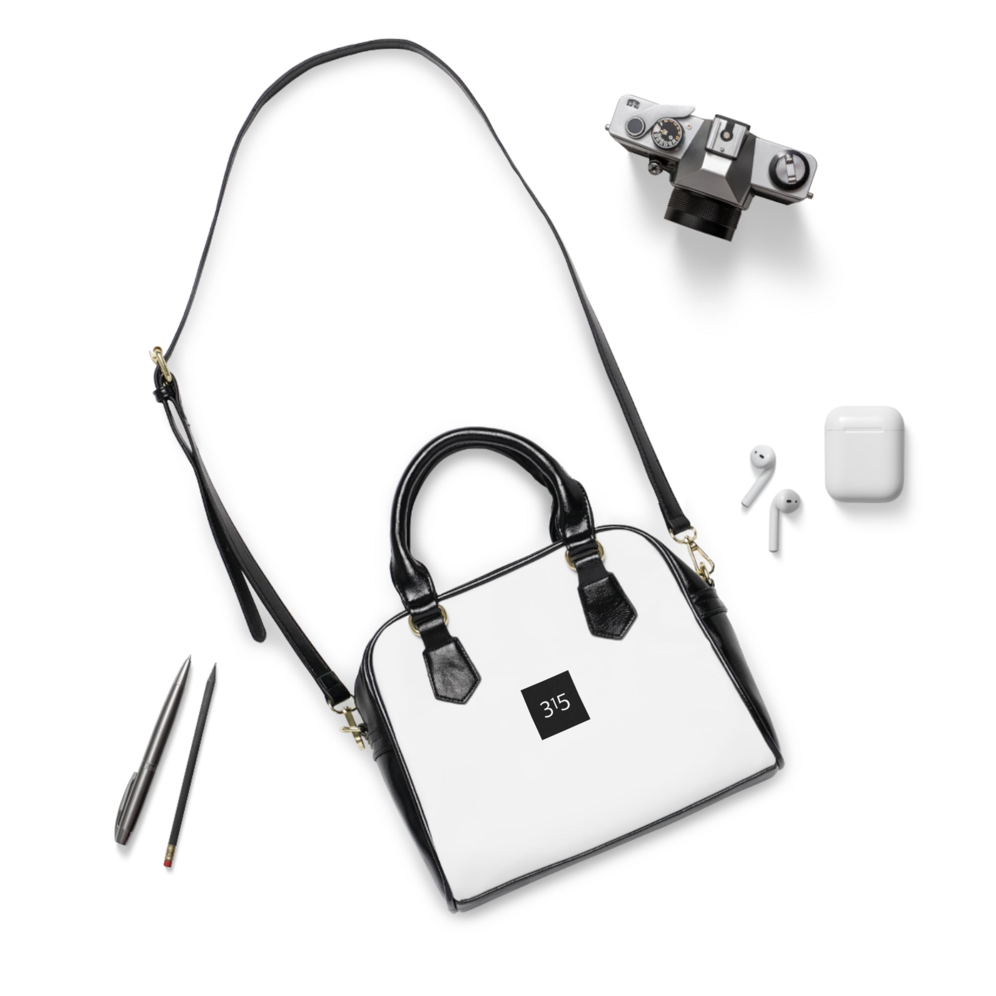 Classic White Shoulder Handbag with Minimal '315' Square Logo — Chic Everyday Tote