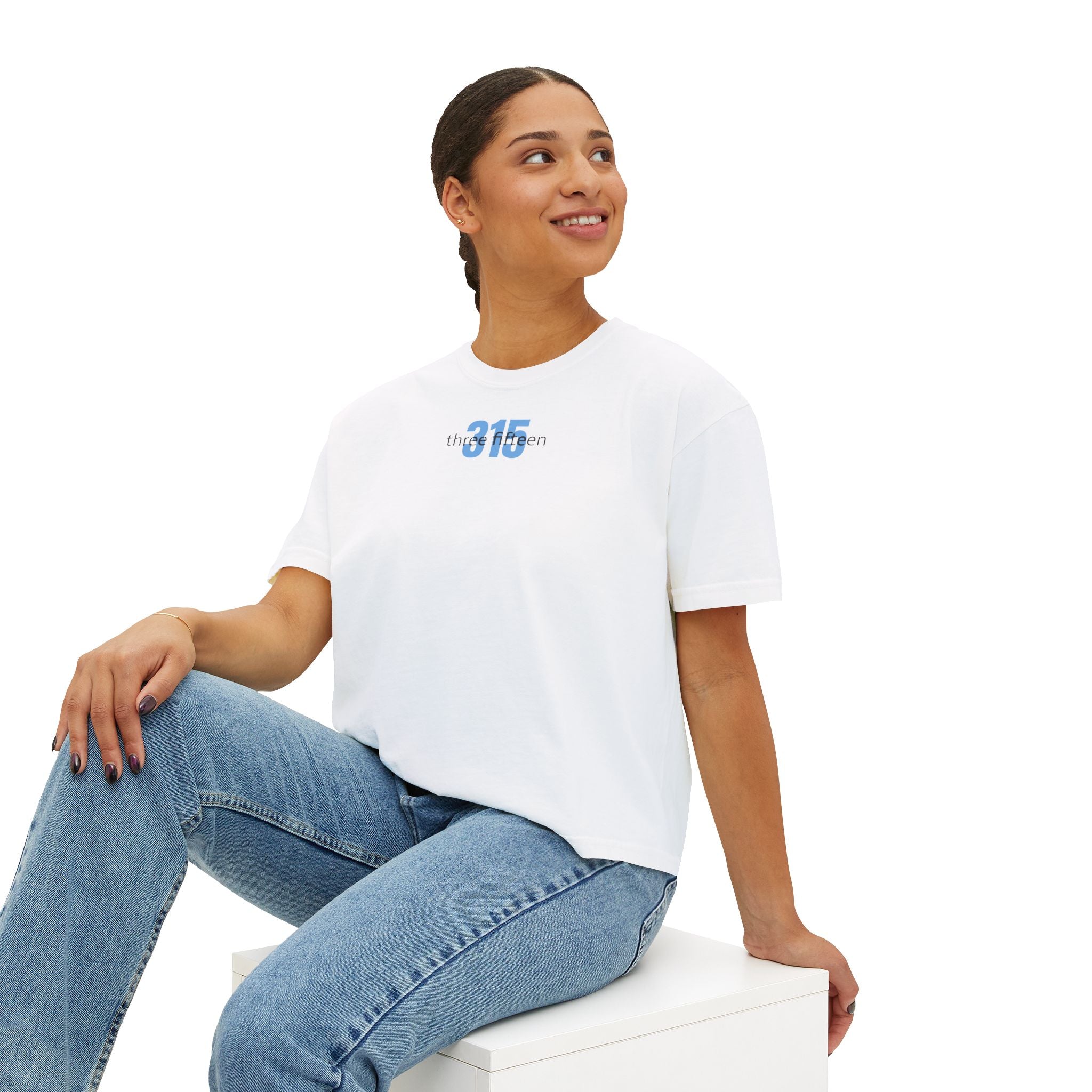 1 - Women's Boxy Tee Bold 315 — Minimalist City Number Graphic Shirt