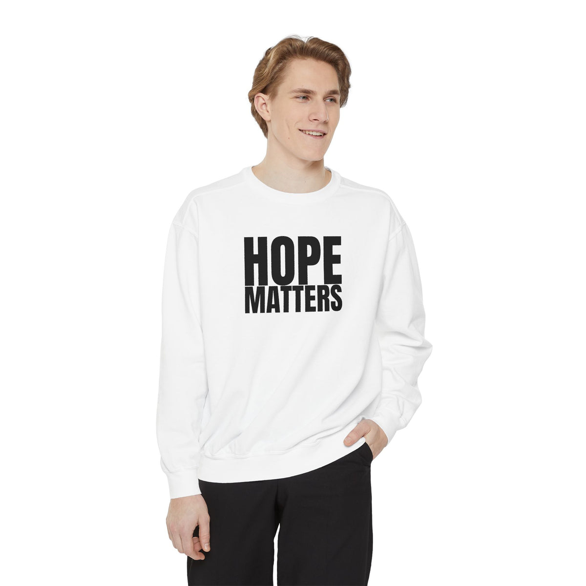 15 - Multi Color Hope Matters Embroidered Minimalist Logo Sweatshirt — White Crewneck Casual Pullover