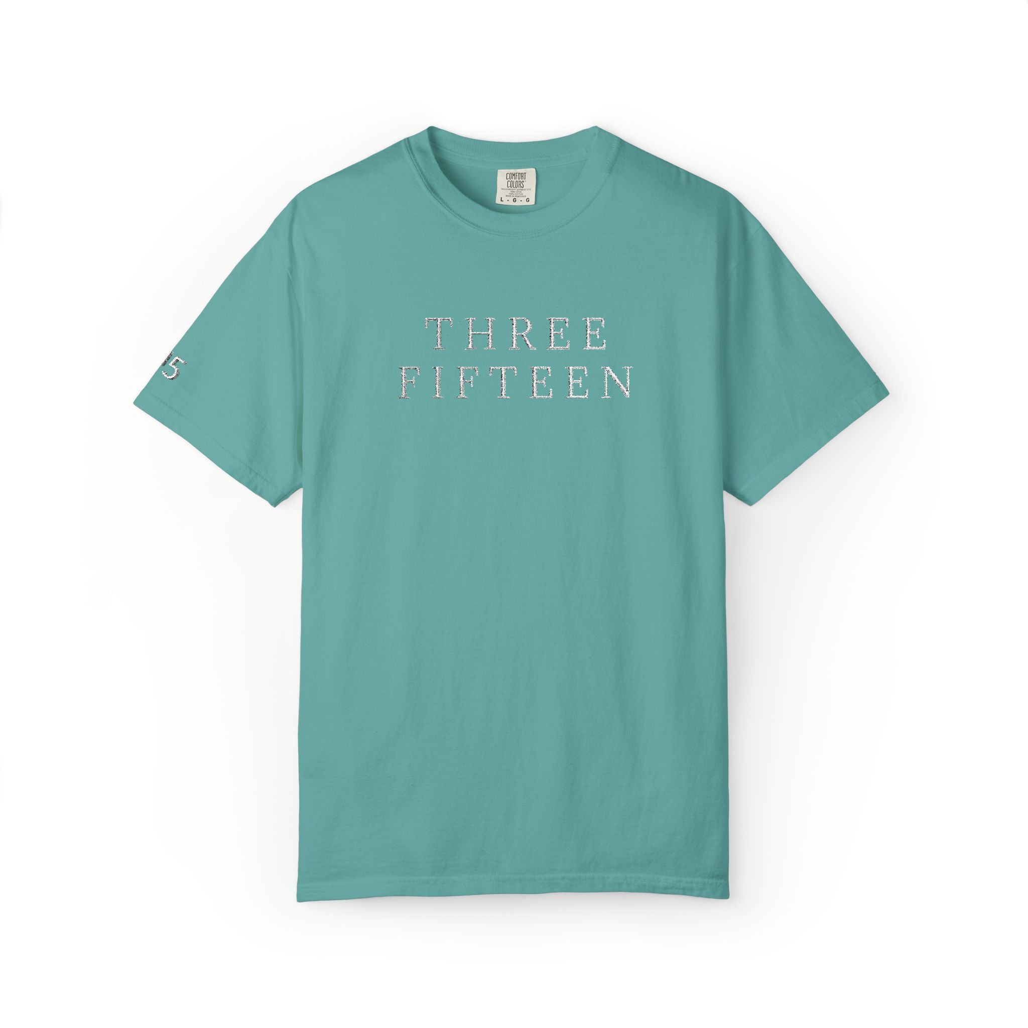 11 - Embroidered THREE FIFTEEN Multi Color Minimalist '75' Chest Logo T-Shirt – Garment-Dyed White Casual Tee