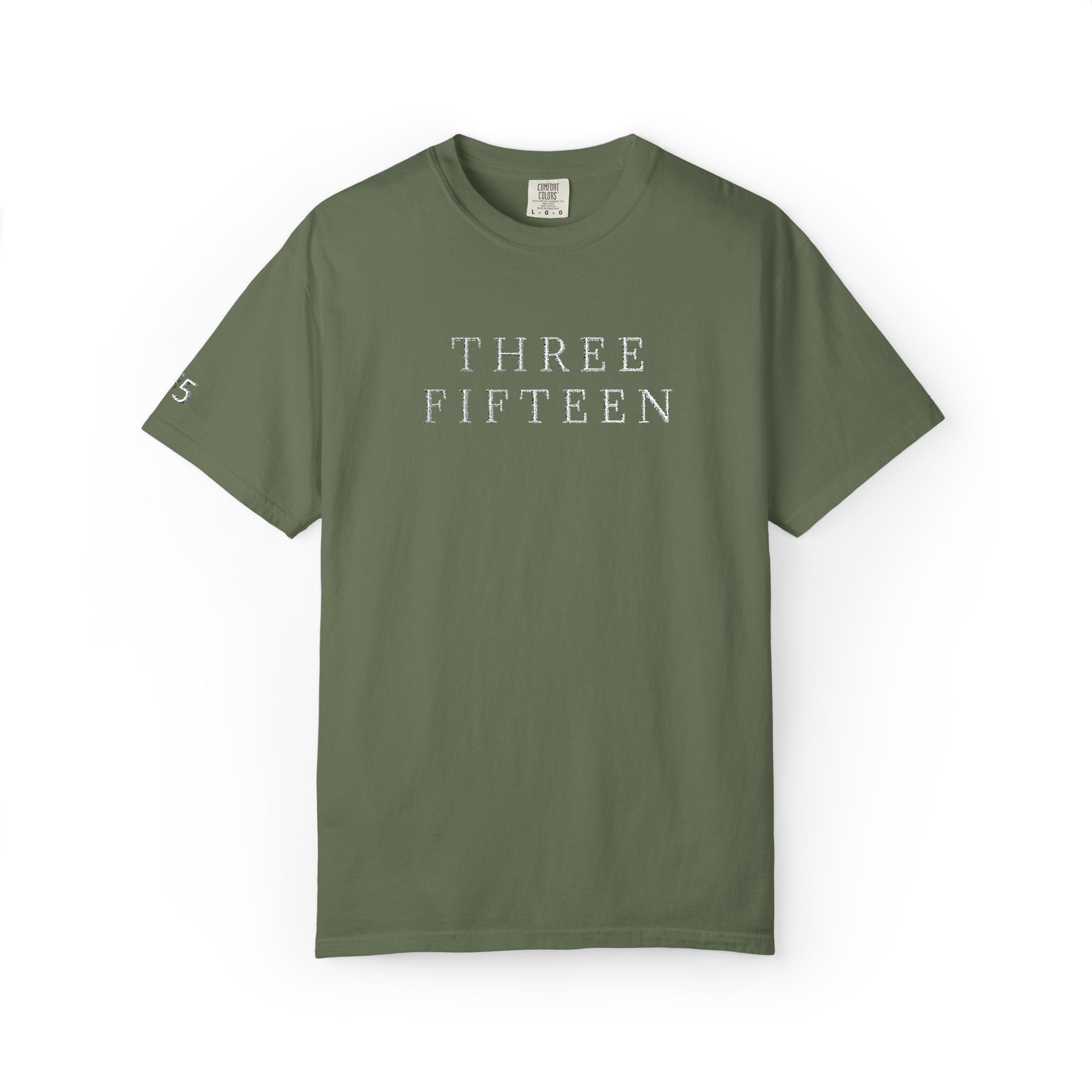 11 - Embroidered THREE FIFTEEN Multi Color Minimalist '75' Chest Logo T-Shirt – Garment-Dyed White Casual Tee