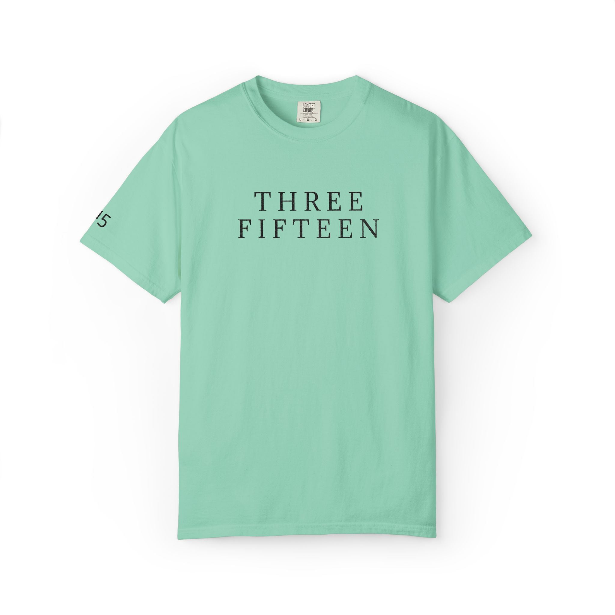 11 - Embroidered THREE FIFTEEN Multi Color Black Lettering Minimalist '75' Chest Logo T-Shirt – Garment-Dyed White Casual Tee