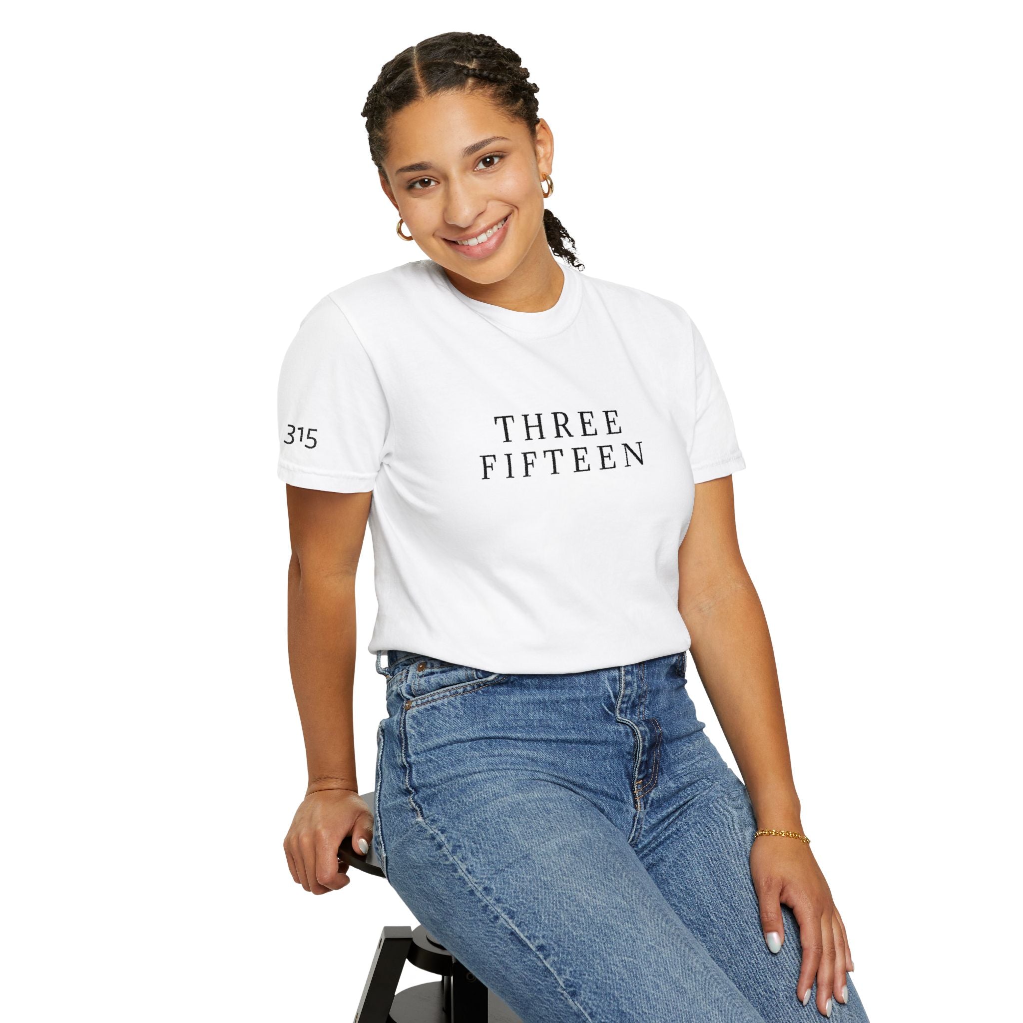 11 - Embroidered THREE FIFTEEN Multi Color Black Lettering Minimalist '75' Chest Logo T-Shirt – Garment-Dyed White Casual Tee