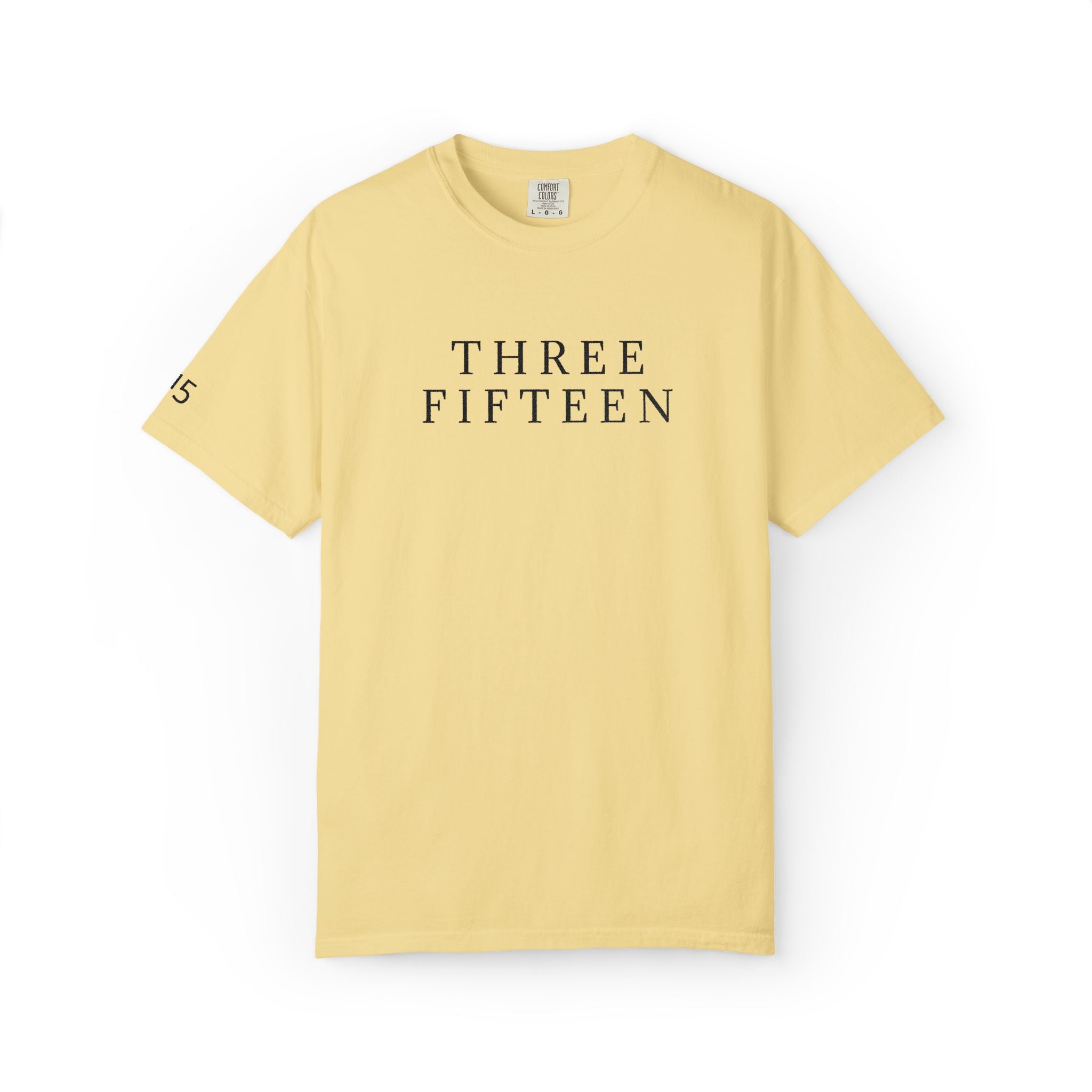 11 - Embroidered THREE FIFTEEN Multi Color Black Lettering Minimalist '75' Chest Logo T-Shirt – Garment-Dyed White Casual Tee