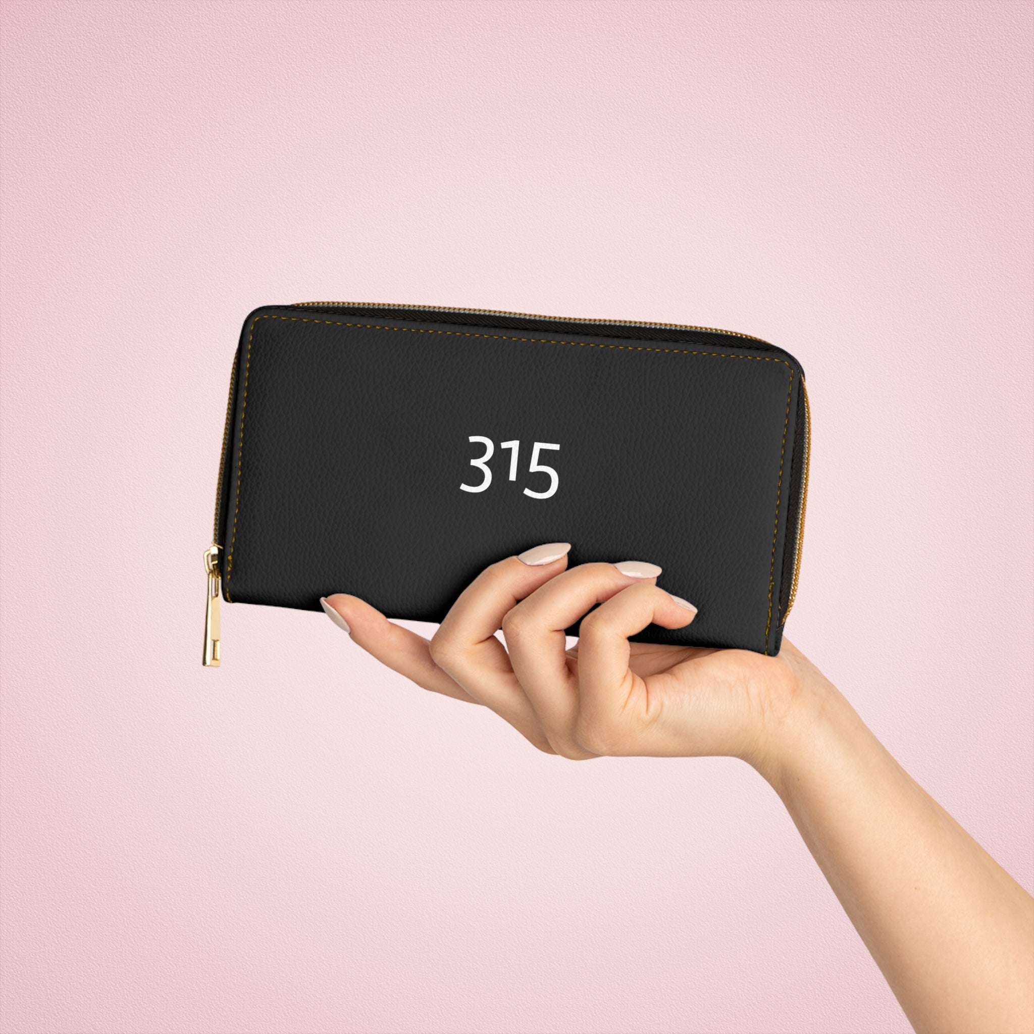 315 - Zipper Wallet — Minimal Black Wallet with '315' Mirrored Script