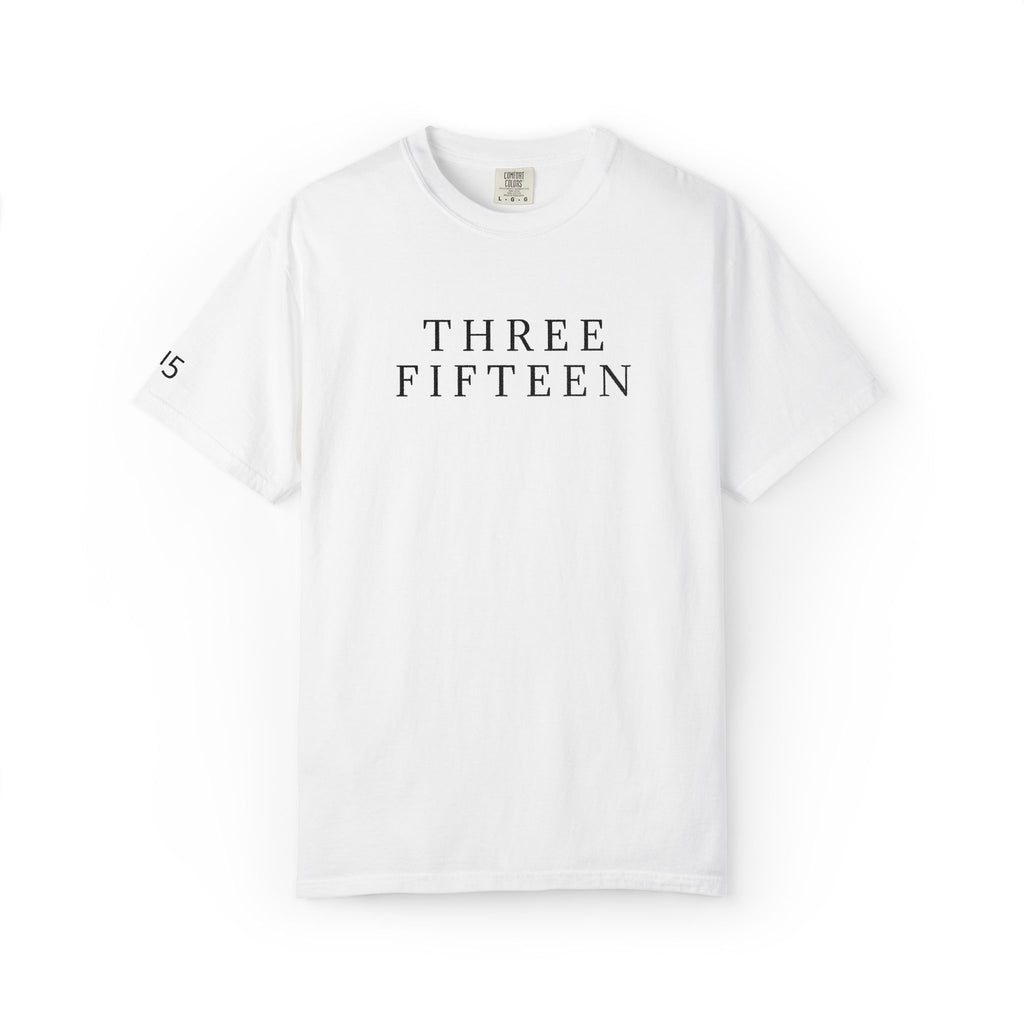 11 - Embroidered THREE FIFTEEN Multi Color Black Lettering Minimalist '75' Chest Logo T-Shirt – Garment-Dyed White Casual Tee