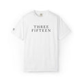 11 - Embroidered THREE FIFTEEN Multi Color Black Lettering Minimalist '75' Chest Logo T-Shirt – Garment-Dyed White Casual Tee