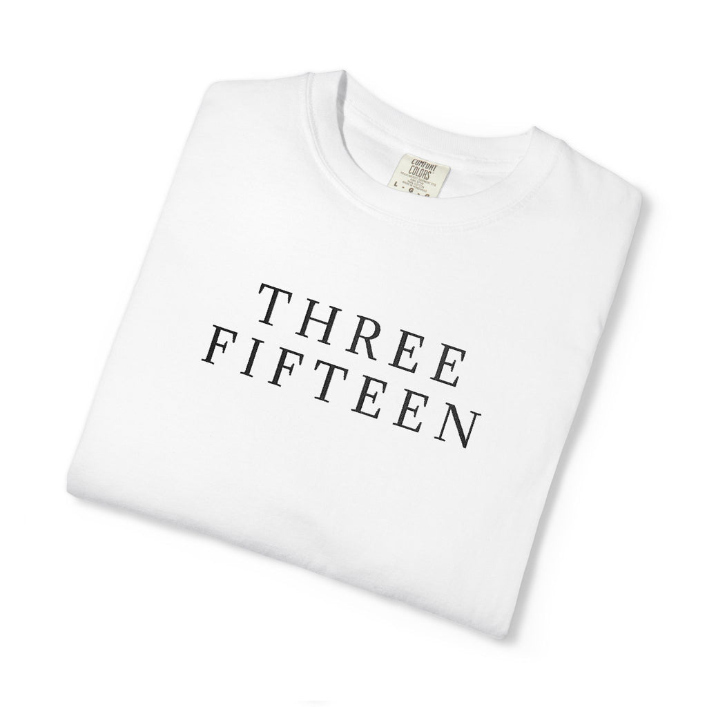 11 - Embroidered THREE FIFTEEN Multi Color Black Lettering Minimalist '75' Chest Logo T-Shirt – Garment-Dyed White Casual Tee