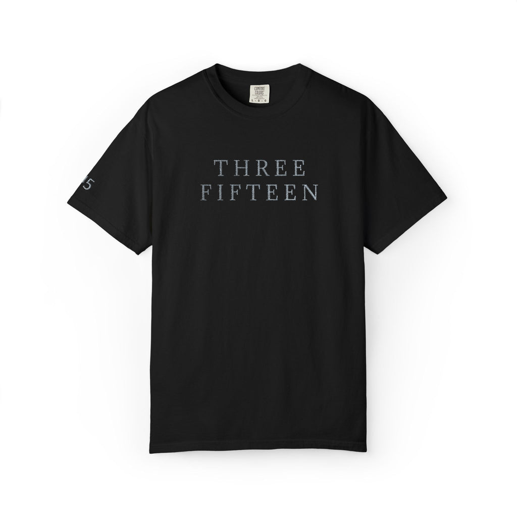 11 - Embroidered THREE FIFTEEN Multi Color Minimalist '75' Chest Logo T-Shirt – Garment-Dyed White Casual Tee