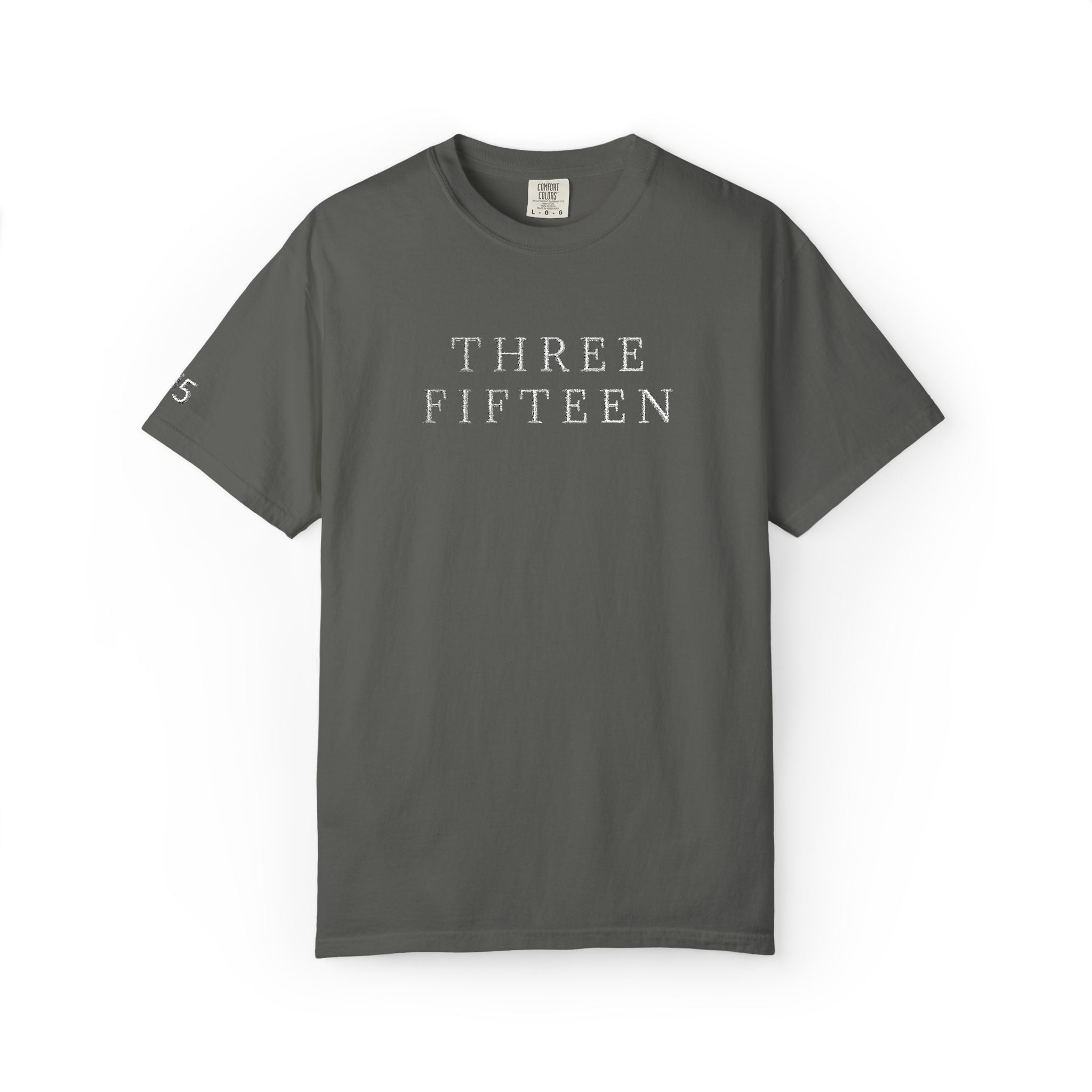 11 - Embroidered THREE FIFTEEN Multi Color Minimalist '75' Chest Logo T-Shirt – Garment-Dyed White Casual Tee