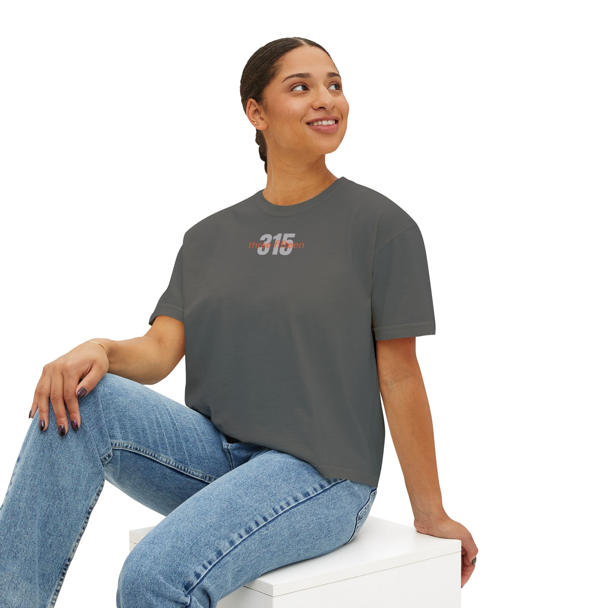 1 - Women's Boxy Tee Bold 315 — Minimalist City Number Graphic Shirt