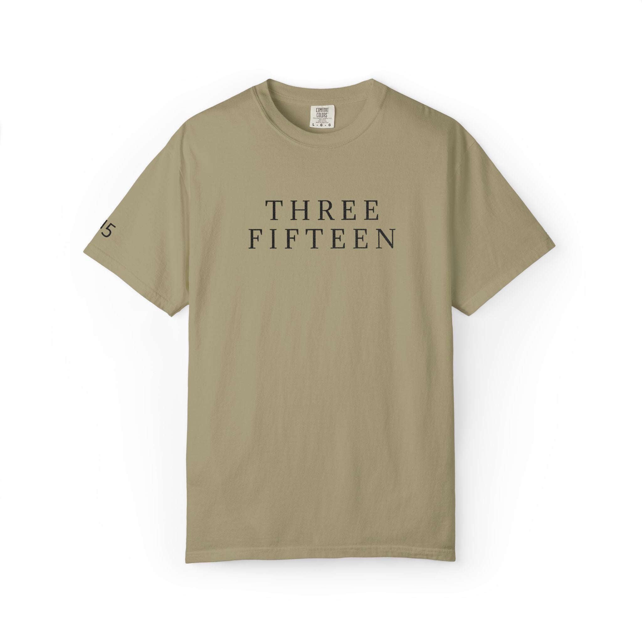 11 - Embroidered THREE FIFTEEN Multi Color Black Lettering Minimalist '75' Chest Logo T-Shirt – Garment-Dyed White Casual Tee