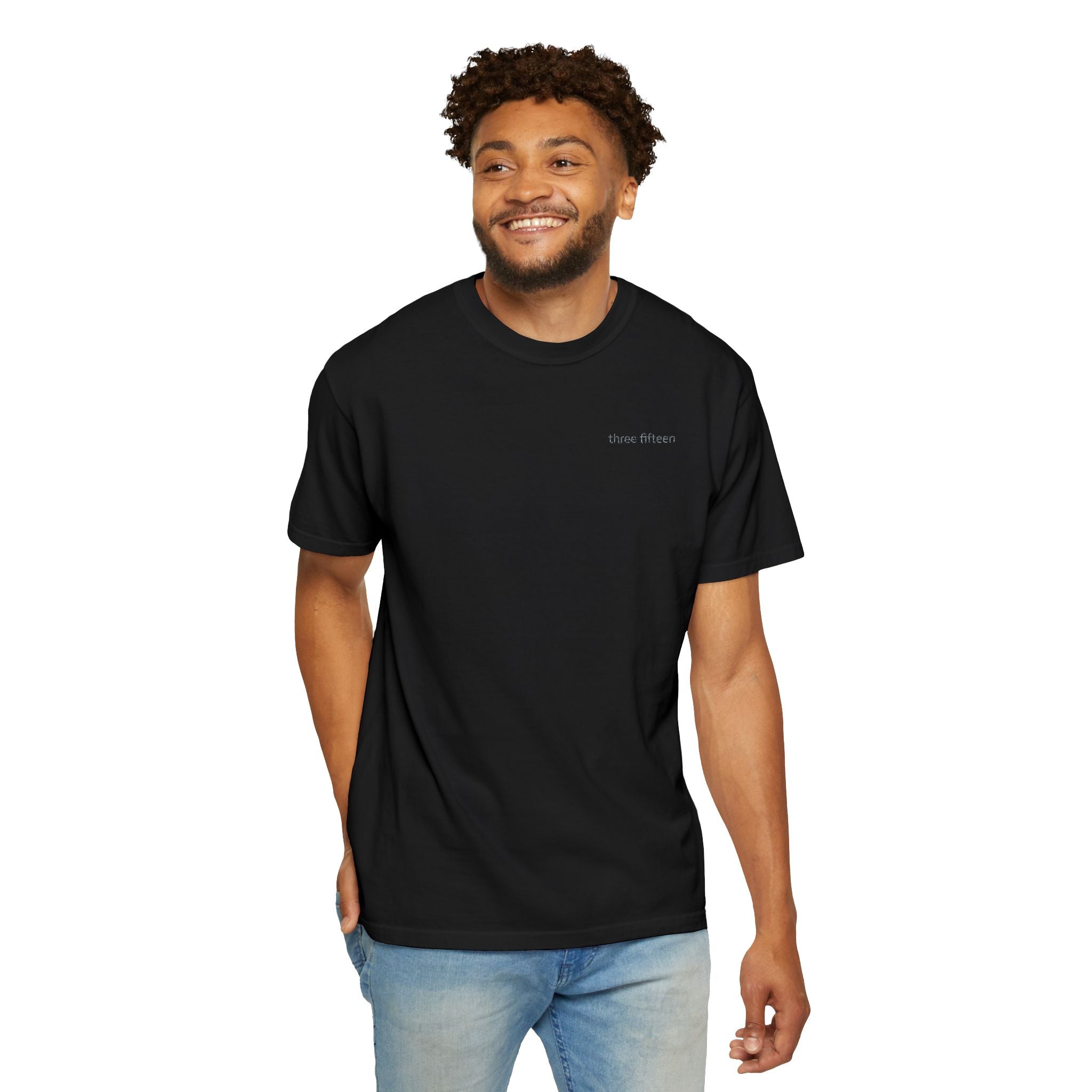 11 - Embroidered Three Fifteen Multi Color Minimalist '75' Chest Logo T-Shirt – Garment-Dyed White Casual Tee